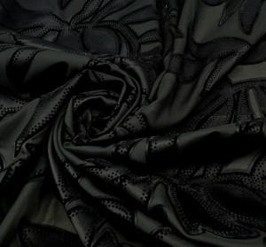 TKANINA WYPALANKA CZARNA WZÓR LIŚCIE Z FLOKIEM DS 07-2168 V.152 BLACK