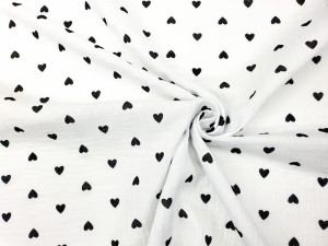 Tkanina Muślin Jednostronny Bawełniany Biały w Czarne Drukowane Serca